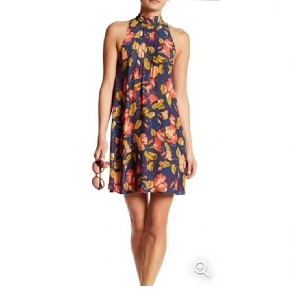 Free People Intimately Beaux MockNeck Blue Wildflower Orange Slip Mini Dress S
